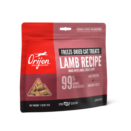 Small resealable bag of Orijen Freeze-Dried Lamb cat treats.