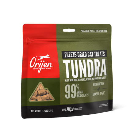 Green resealable small bag of Orijen Tundra cat treats.