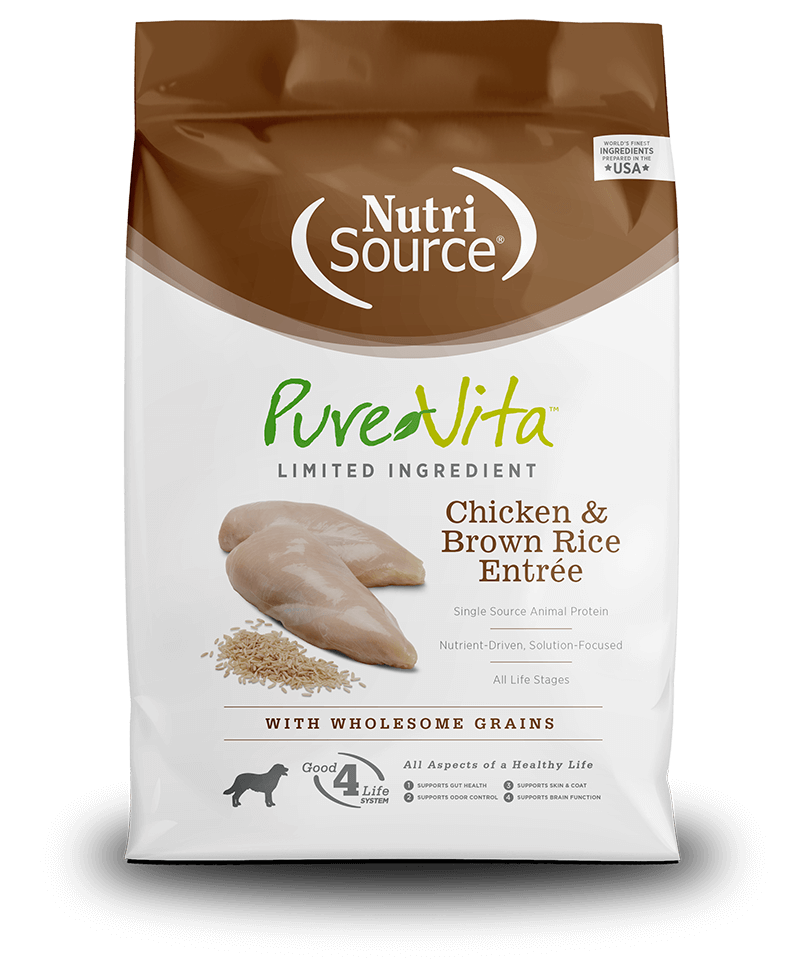 Brown and white bag of PureVita Limited Ingredient Chicken and Brown Rice dog food with a picture of chicken breasts and rice on the front.