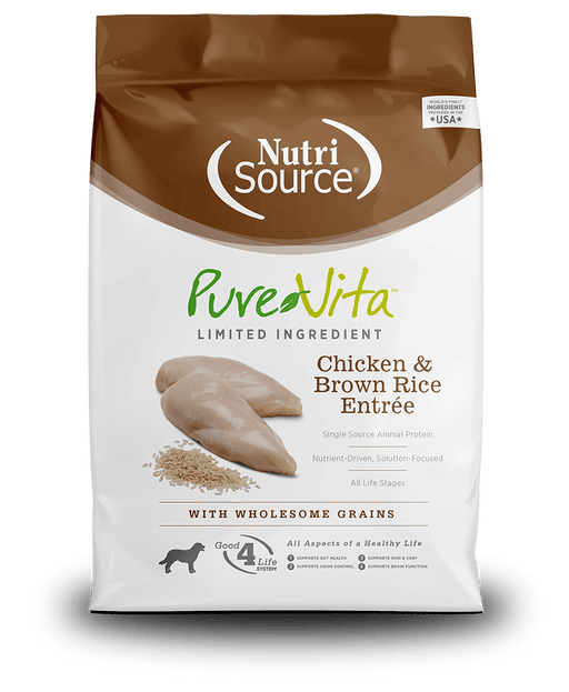 Brown and white bag of PureVita Limited Ingredient Chicken and Brown Rice dog food with a picture of chicken breasts and rice on the front.