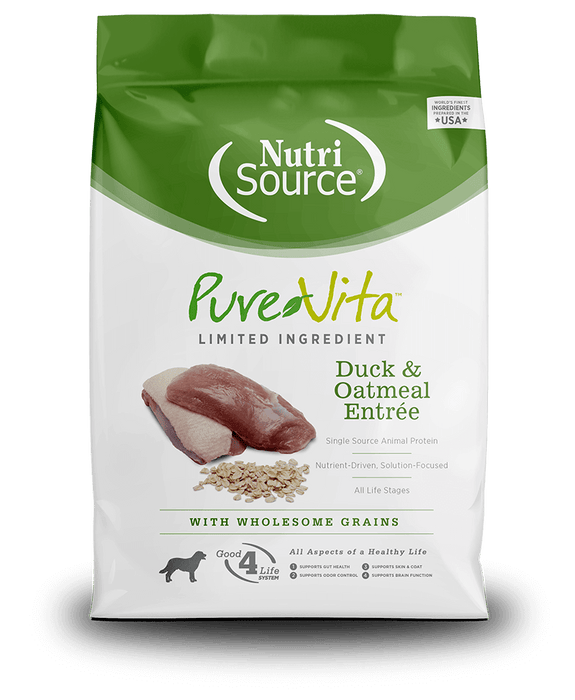 Green and white bag of PureVita Duck and Oatmeal dry dog food.