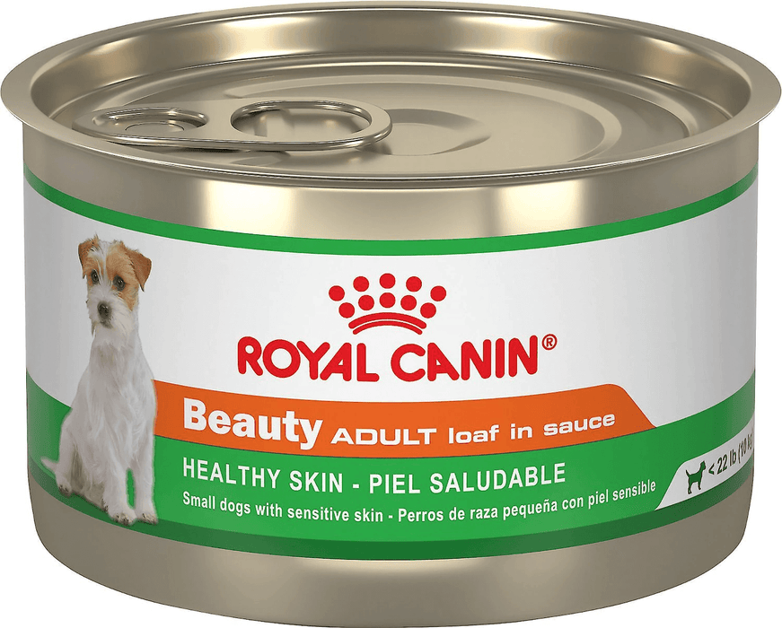 Small can  with white and green label of Royal Canin Beauty wet dog food. 
