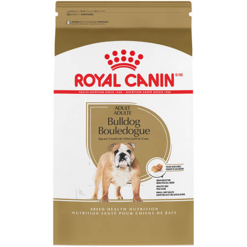Brown and white bag of Royal Canin Adult Bulldog dry food. 