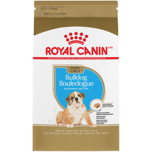 Bag of Royal Canin bulldog puppy dry food. 