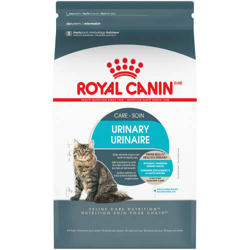 Blue and white bag of Royal Canin Urinary Car dry cat food. 