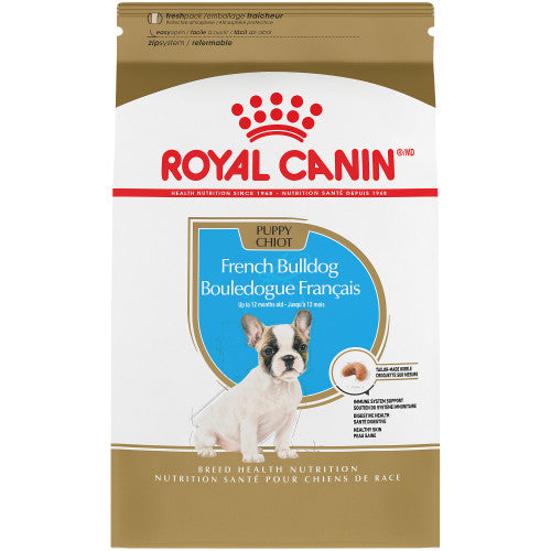 Bag of Royal Canin french bulldog puppy dry food. 