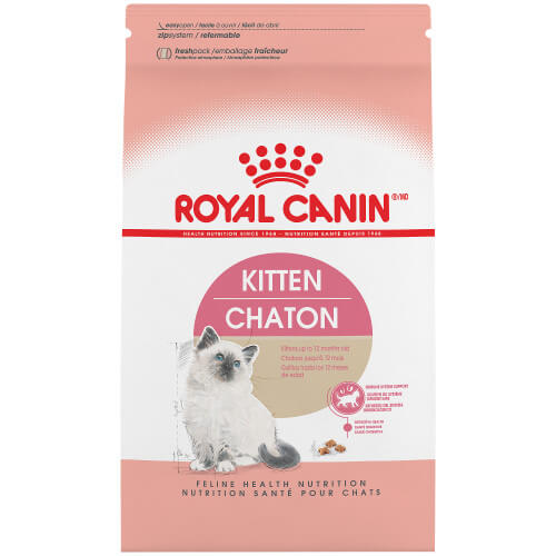 Pink and white bag of Royal Canin kitten dry food. 