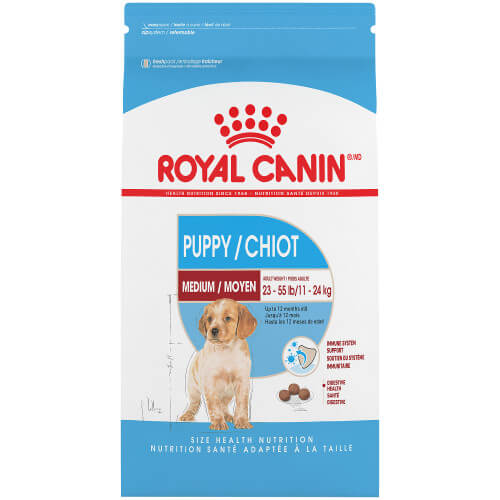 Light blue and white bag of Royal Canin Medium Puppy dry food. 