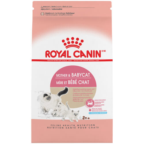 Pink and white bag of Royal Canin mother and babycat dry cat food. 