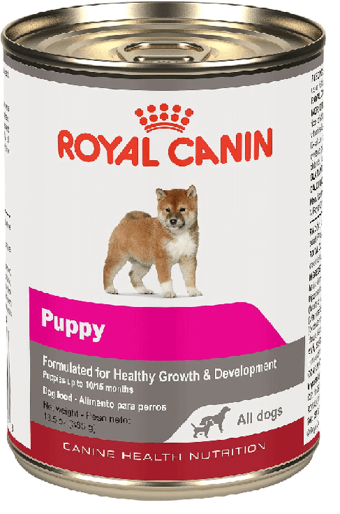 Tall can of Royal Canin puppy wet dog food. 