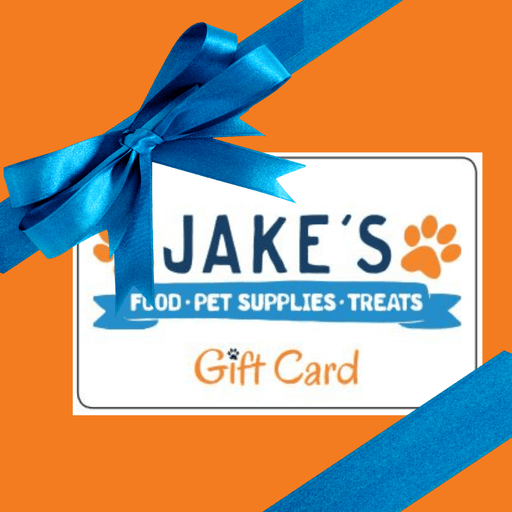 Jake's Pet Supply gift card held to orange box with blue bow.