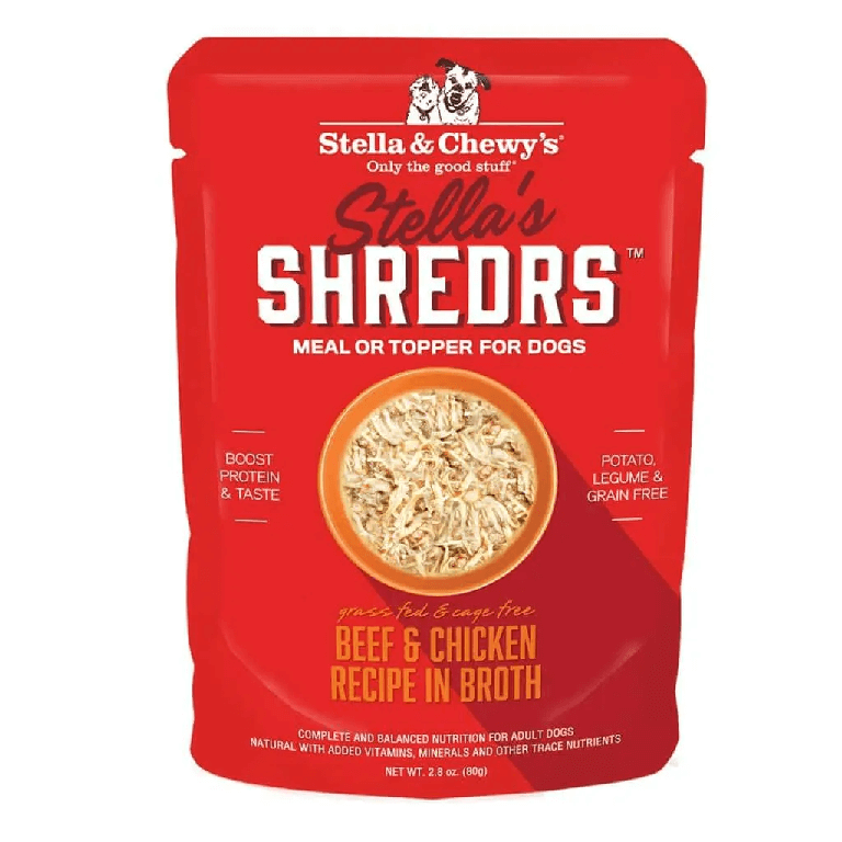 Red pouch of Stella & Chewy's Stella's Shredrs beef and chicken wet dog food.