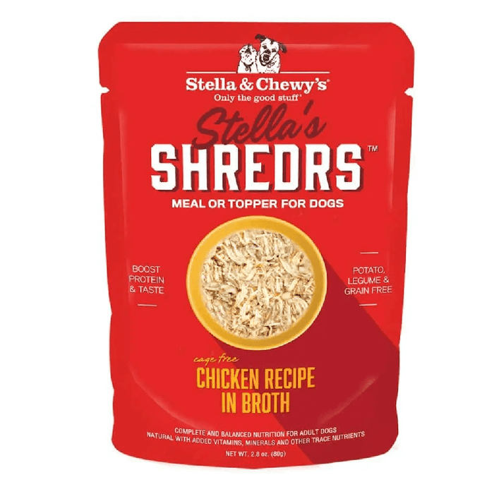 Red pouch of Stella's Shredrs chicken wet dog food.