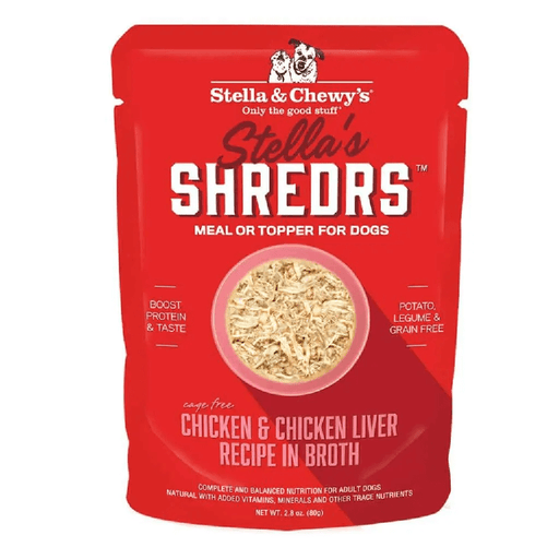 Red pouch of Stella's Shredrs chicken and chicken liver wet dog food. 