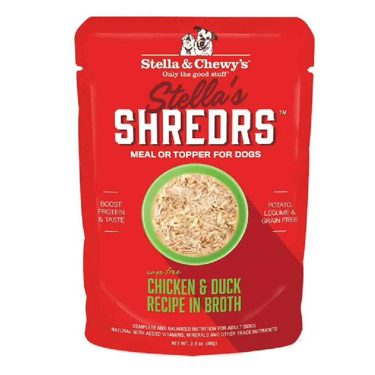 Red pouch of Stella's Shredrs chicken and duck flavor wet dog food.