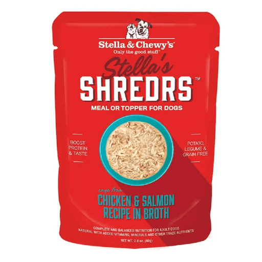 Red pouch of Stella's Shredrs chicken and salmon flavor.