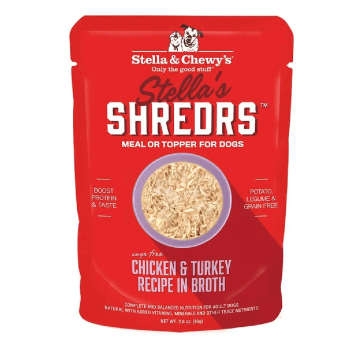 Red pouch of Stella's Shredrs in chicken and turkey flavor.