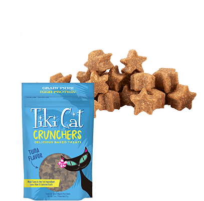 Blue bag of star shaped  tuna flavored cat treats from Tiki Cat. 