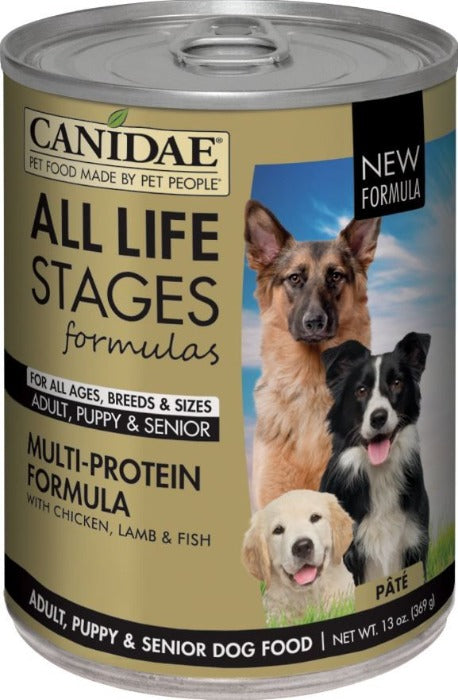 Canidae All Life Stages formula for all ages, breeds and sizes. Adult, puppy & senior multi-protein formula with chicken, lamb and fish. 13oz pate beige label with german shepard, boarder collie, yellow lab puppy