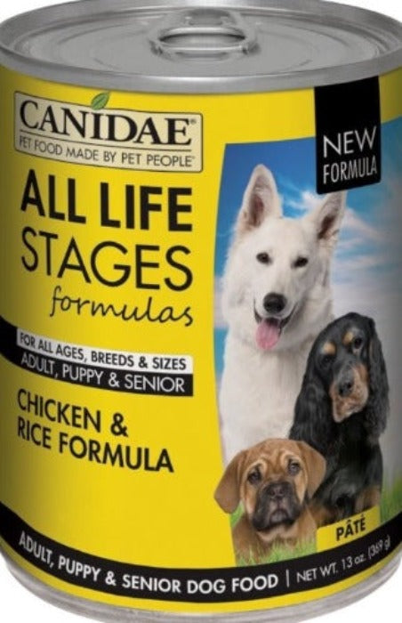 canidae pet food all life stages formulas for all ages and breeds. Adults, puppy and senior. Chicken and rice formula Pate 13oz yellow label with white husky, black cocker spaniel and puppy mastif