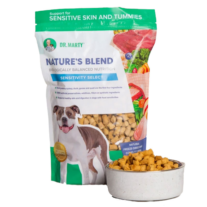 green and white bag. dr.marty nature's blend biologically balance nutrition sensitivity select freeze dried dog food. pitbull on front of bag. small rectangular nibs