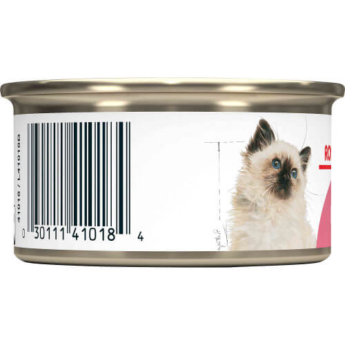 cat on side of can of kitten food