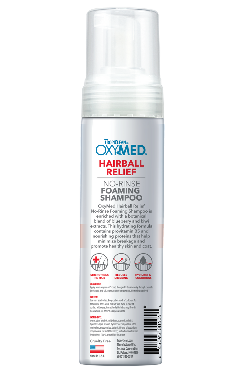 TropiClean OxyMed Hairball Relief No-Rinse Foaming Shampoo for Cats, 7.4 oz
